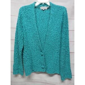 Vintage Nathan Road Sz L Aqua Chunky Texture Low Button Cardigan Sweater